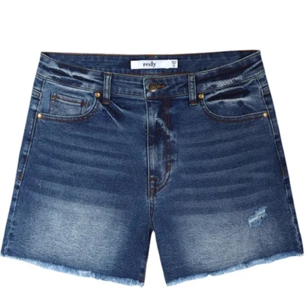 Redy Women Mid Wash‎ Denim High Rise Frayed Hem Shorts Size 4 Distressed NWT